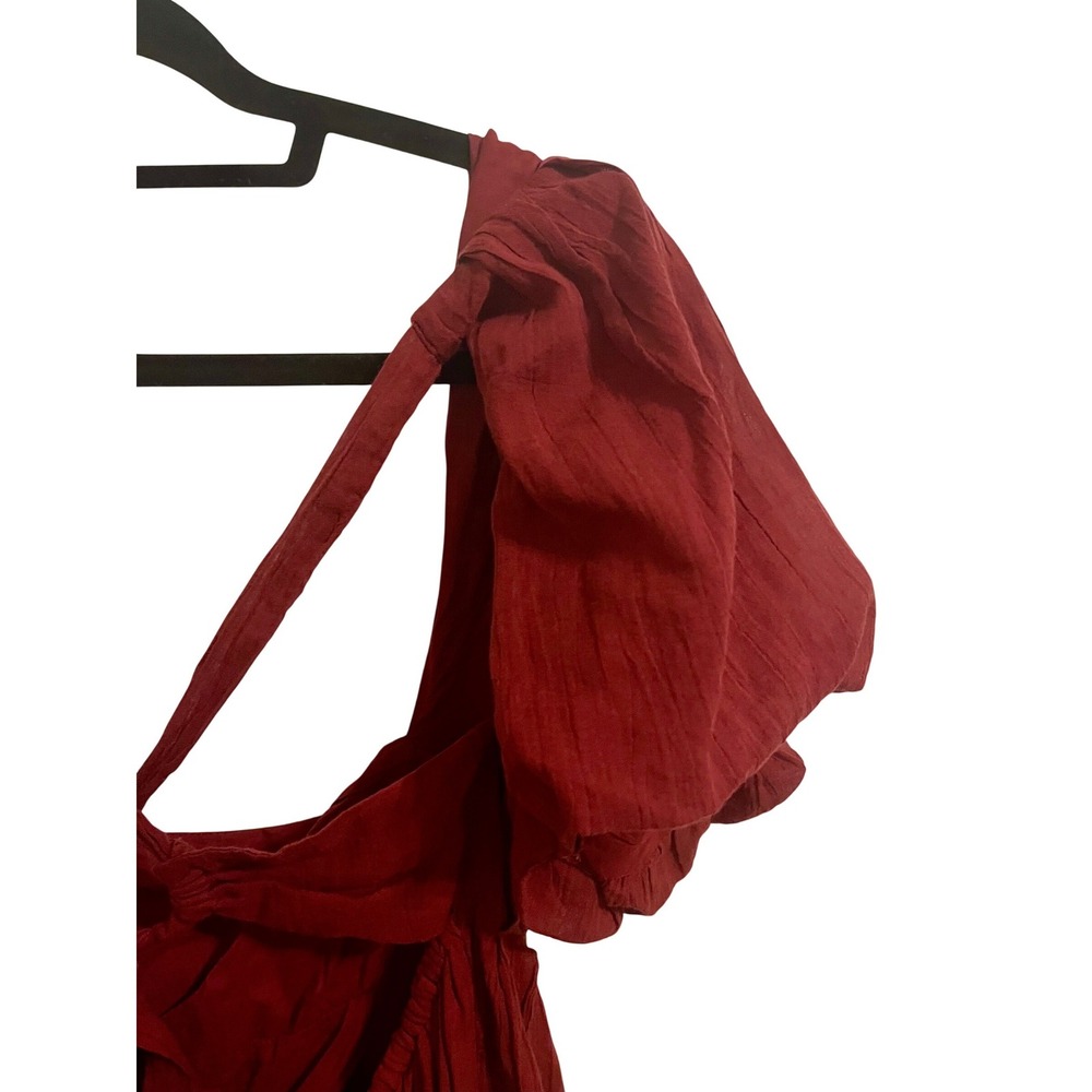 Free People Wine Red Babydoll Mini Dress Puff Sleeve Open Back L NWT 100% Cotton - Picture 8 of 10